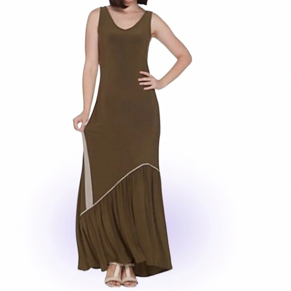 Attitudes by Renee Olive Lycra como jersey maxi Dress Sz L - Picture 12 of 12